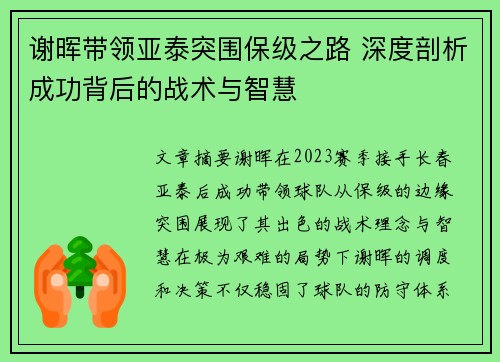 谢晖带领亚泰突围保级之路 深度剖析成功背后的战术与智慧